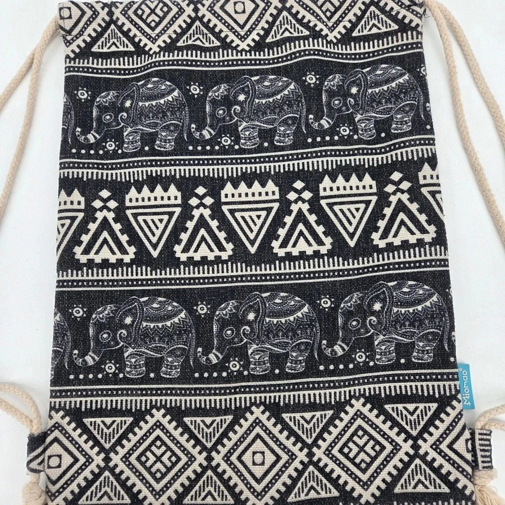 Miomao Black Cream Elephant Tribal Geometric Woven Drawstring Backpack Boho Bag